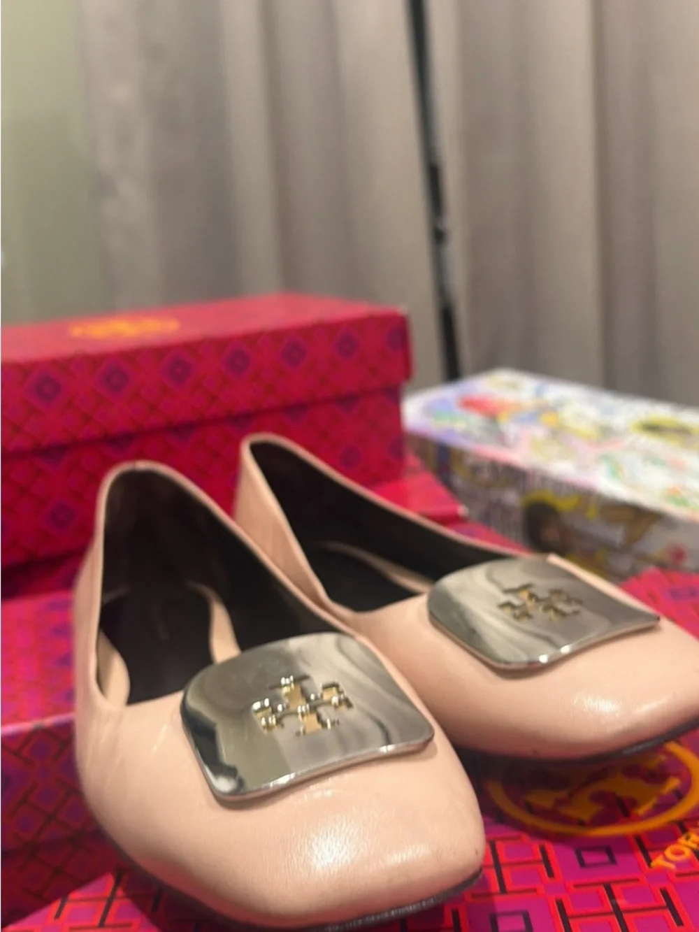 Tory Burch Blush Pink Leather Logo-Embellished Ballet Flats